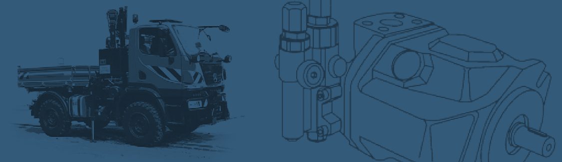 Unimog special vehicle with loading crane in front of a hydraulic pump drawing