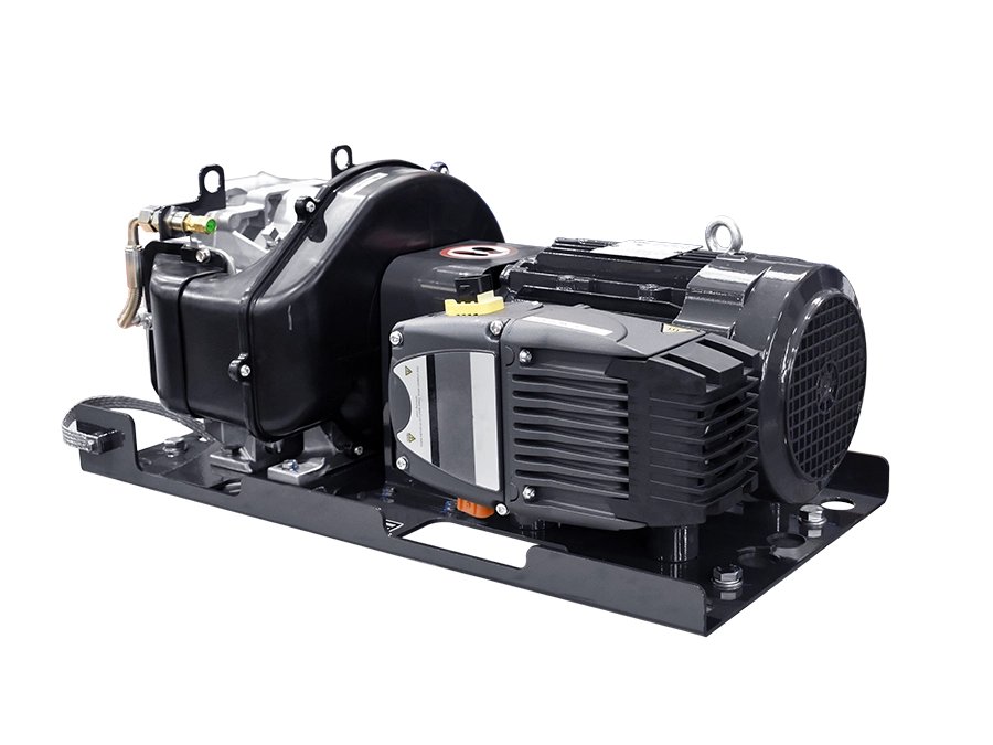 Oil-free high-voltage scroll compressor on base frame for electric and rail vehicles